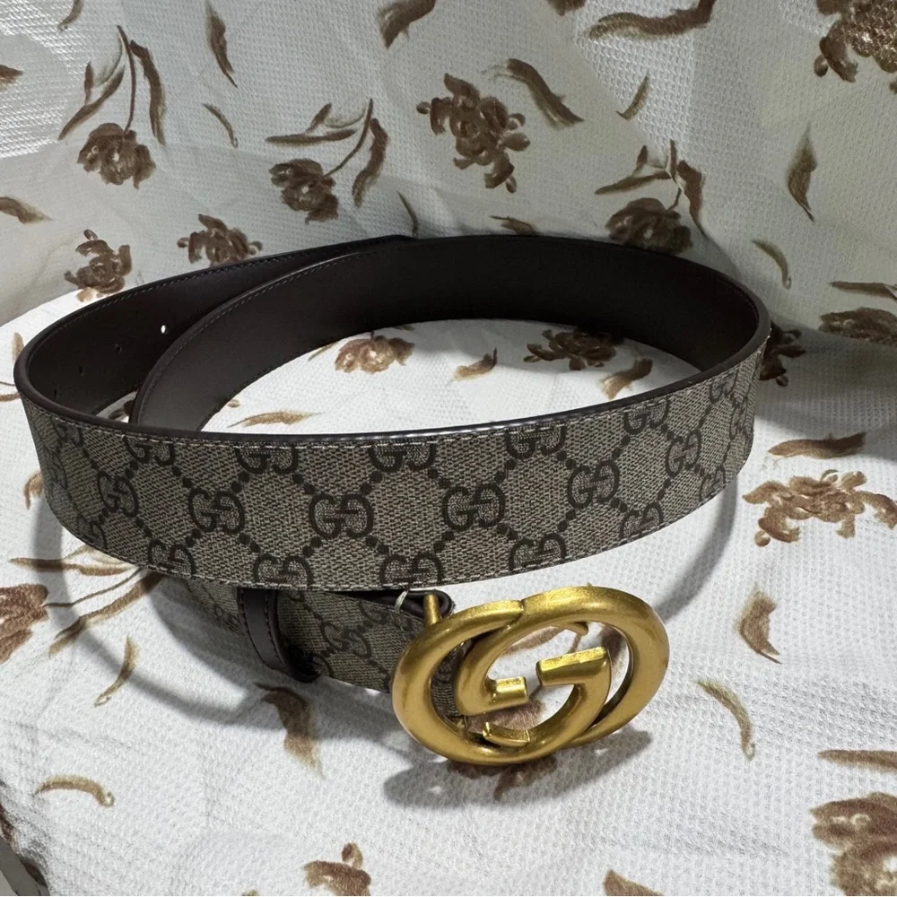 Gucci Brown GG Supreme Canvas Belt with Gold Double G Buckle